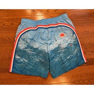 Sundek Swim Trunks Board Shorts Mens XL 8" Blue Wave Print Rainbow Stripe
